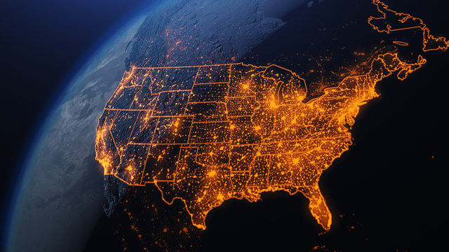 Nighttime satellite view of the United States illuminated by city lights
