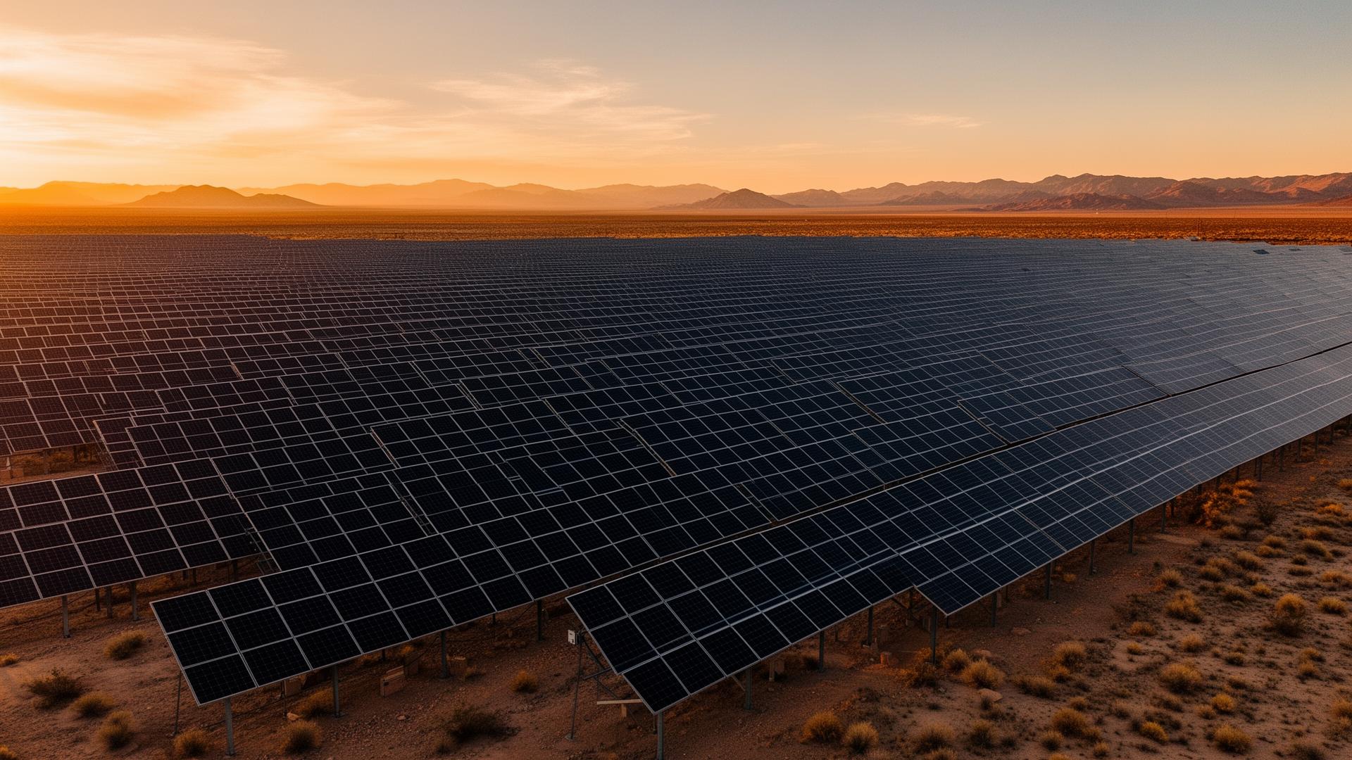Utility-scale solar array at golden hour