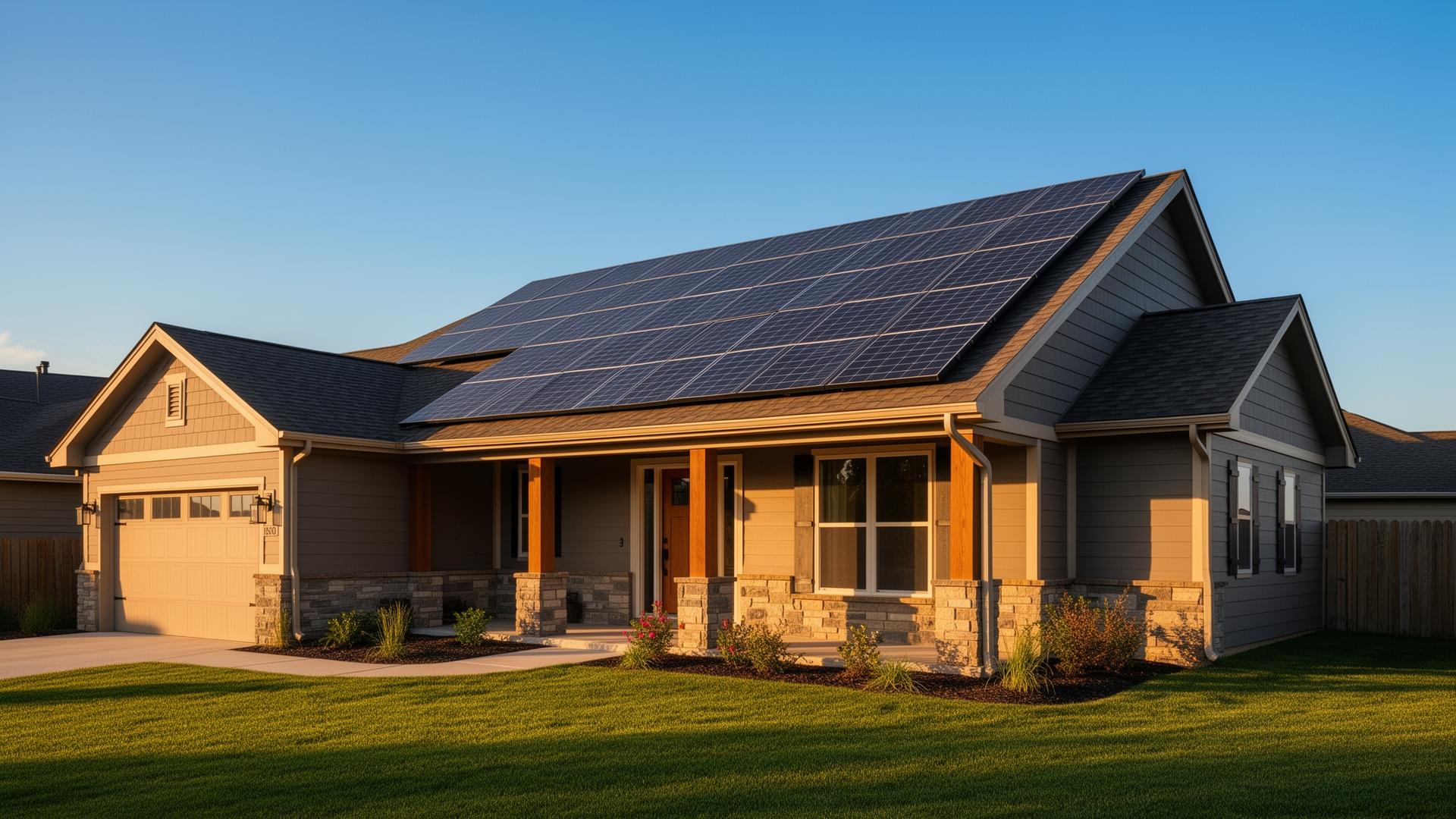 American home with rooftop solar panels at golden hour